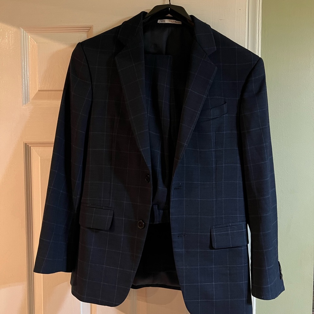 Zara Navy Checkered Suit